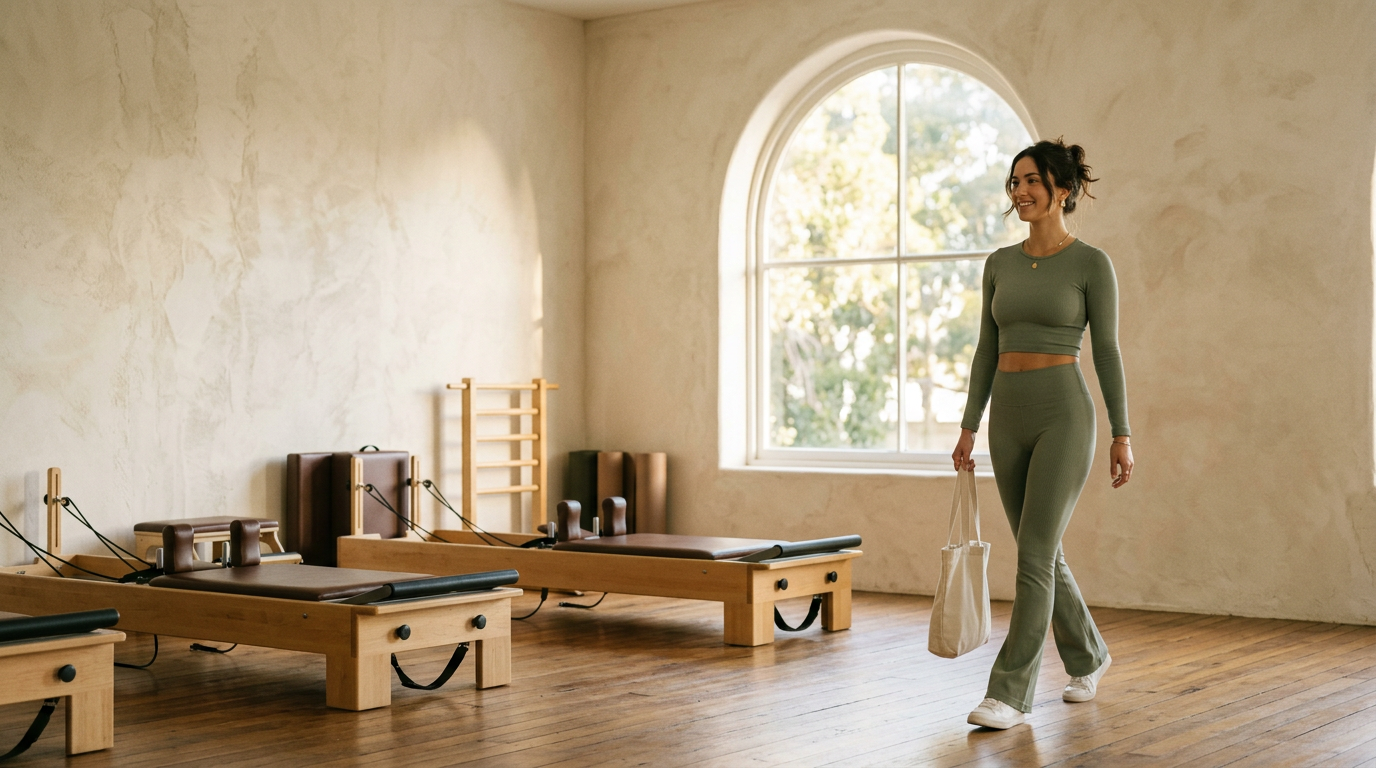 A woman in the sage Pirouette Set walking through a sunlit Pilates studio