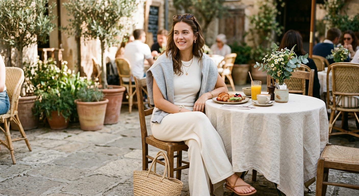 Ivory on ivory, with a heather knit over the shoulders.